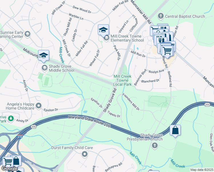 map of restaurants, bars, coffee shops, grocery stores, and more near 7513 Tarpley Drive in Rockville