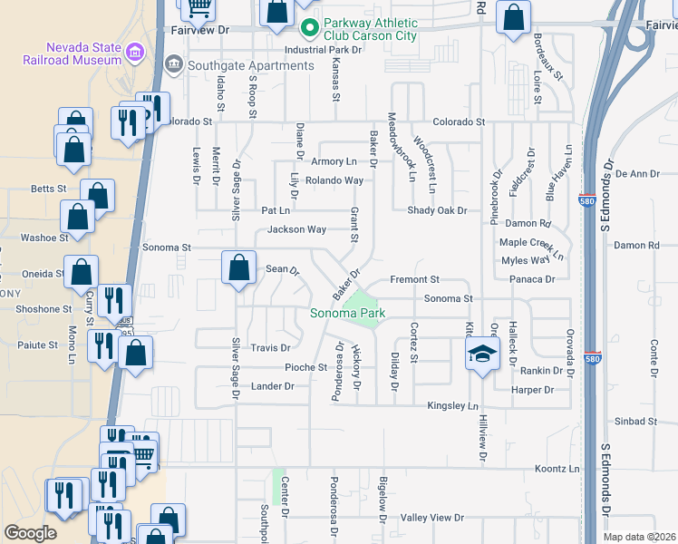 map of restaurants, bars, coffee shops, grocery stores, and more near 917 Sonoma Street in Carson City