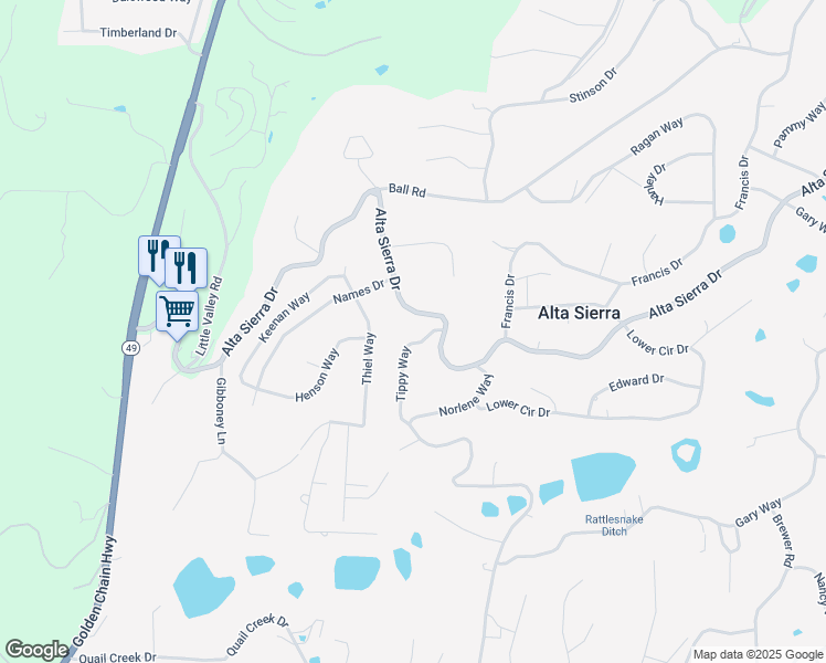 map of restaurants, bars, coffee shops, grocery stores, and more near 15730 Tippy Way in Grass Valley