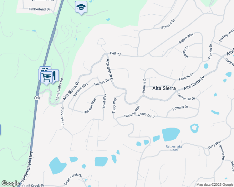 map of restaurants, bars, coffee shops, grocery stores, and more near 15730 Tippy Way in Grass Valley