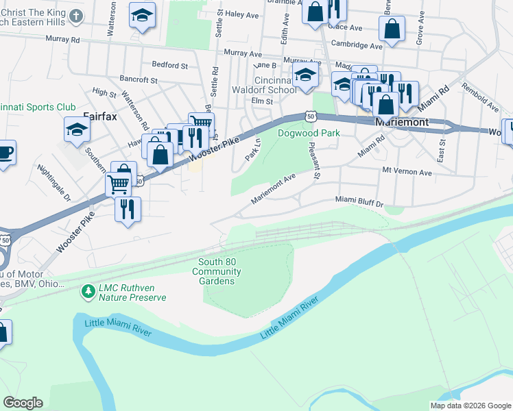 map of restaurants, bars, coffee shops, grocery stores, and more near 6503 Mariemont Avenue in Cincinnati