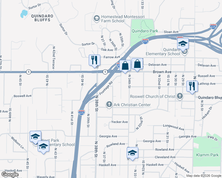 map of restaurants, bars, coffee shops, grocery stores, and more near 2960 North 36th Street in Kansas City