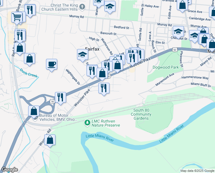 map of restaurants, bars, coffee shops, grocery stores, and more near 5817 Eleanor Street in Cincinnati