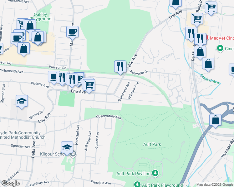 map of restaurants, bars, coffee shops, grocery stores, and more near 3609 Erie Avenue in Cincinnati