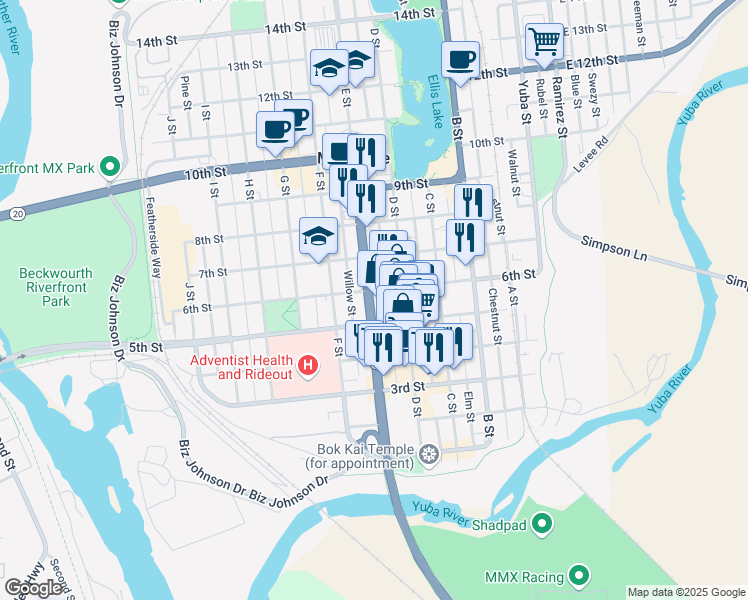 map of restaurants, bars, coffee shops, grocery stores, and more near 525 E Street in Marysville