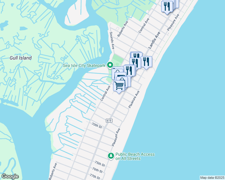 map of restaurants, bars, coffee shops, grocery stores, and more near 6312 Emmeus Road in Sea Isle City
