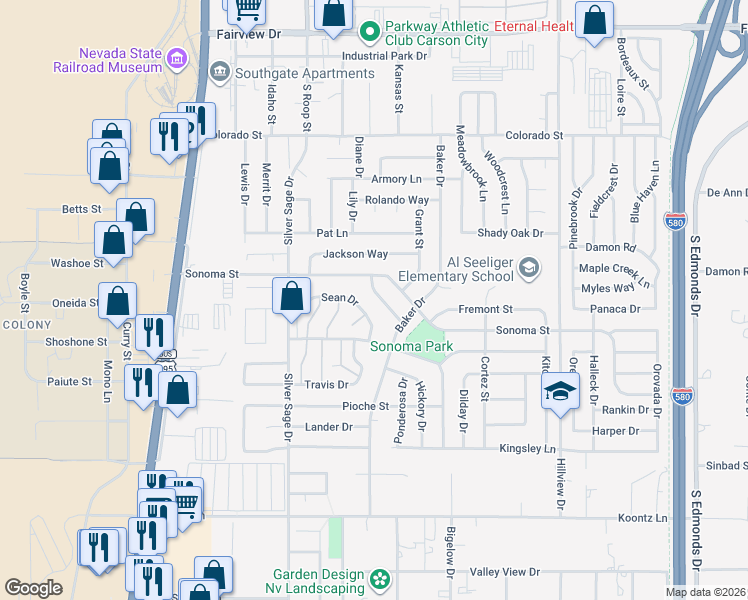 map of restaurants, bars, coffee shops, grocery stores, and more near 2824 Gillis Way in Carson City