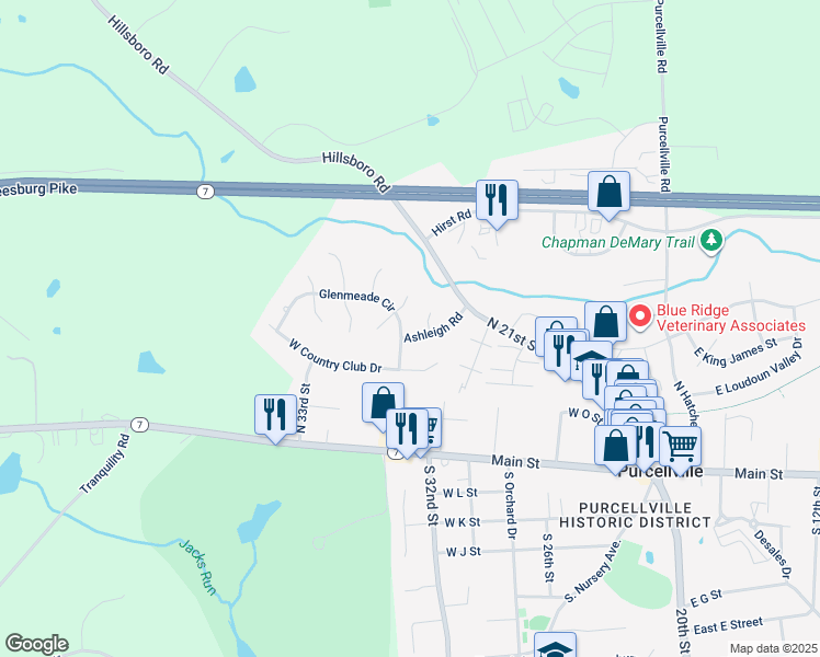 map of restaurants, bars, coffee shops, grocery stores, and more near 400 Glenmeade Circle in Purcellville