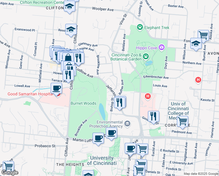 map of restaurants, bars, coffee shops, grocery stores, and more near 3317 Jefferson Avenue in Cincinnati