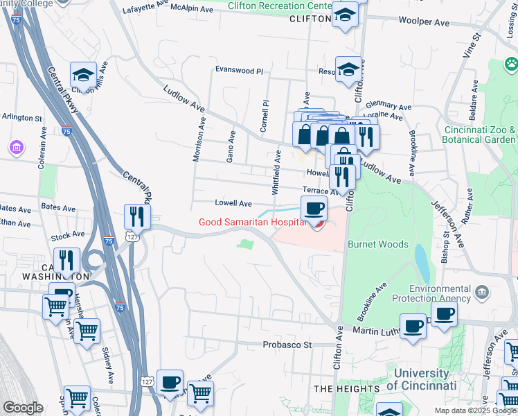 map of restaurants, bars, coffee shops, grocery stores, and more near 523 Lowell Ave in Cincinnati