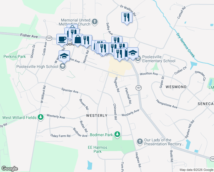 map of restaurants, bars, coffee shops, grocery stores, and more near 17415 Hoskinson Road in Poolesville