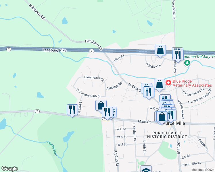 map of restaurants, bars, coffee shops, grocery stores, and more near 400 Glenmeade Circle in Purcellville