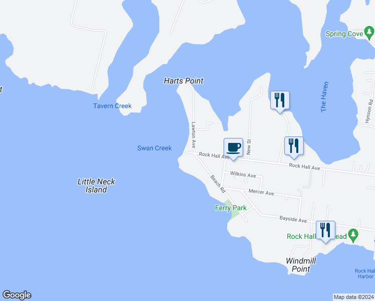map of restaurants, bars, coffee shops, grocery stores, and more near 5924 Lawton Avenue in Rock Hall