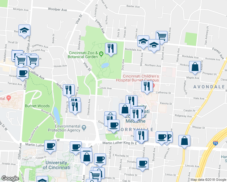 map of restaurants, bars, coffee shops, grocery stores, and more near 115 Louis Avenue in Cincinnati