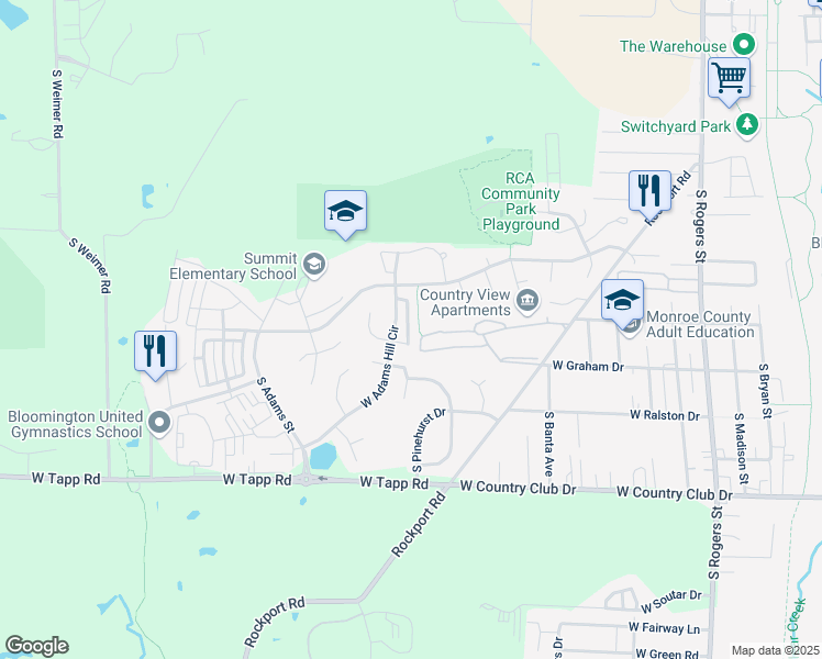 map of restaurants, bars, coffee shops, grocery stores, and more near 2435 South Woolery Mill Drive in Bloomington