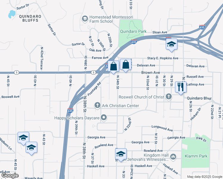 map of restaurants, bars, coffee shops, grocery stores, and more near 2957 N 35th St in Kansas City