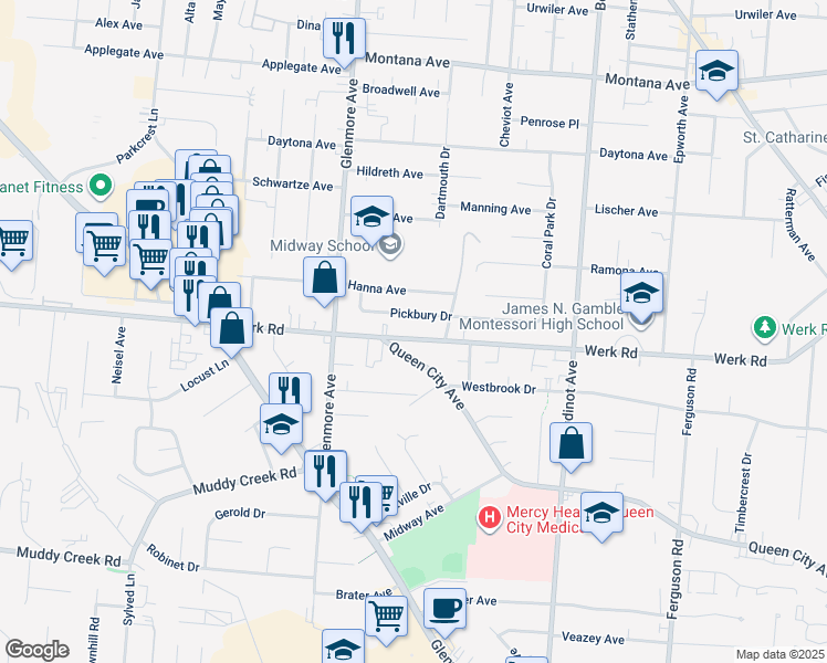 map of restaurants, bars, coffee shops, grocery stores, and more near 3244 Werk Rd in Cincinnati