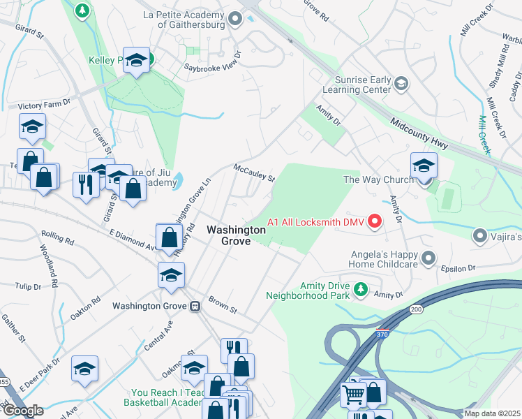 map of restaurants, bars, coffee shops, grocery stores, and more near 15 The Circle in Washington Grove