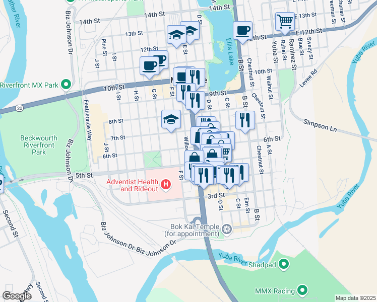 map of restaurants, bars, coffee shops, grocery stores, and more near 520 6th Street in Marysville