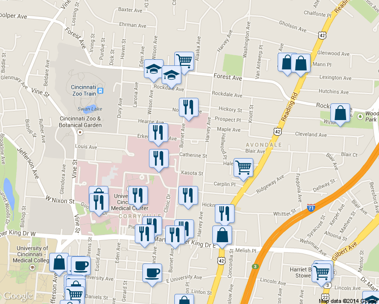 map of restaurants, bars, coffee shops, grocery stores, and more near 410 Catherine Street in Cincinnati