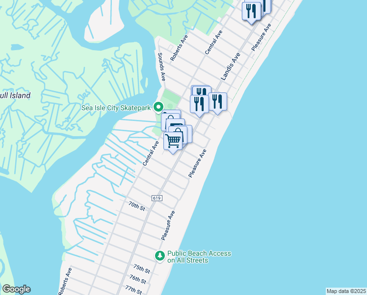 map of restaurants, bars, coffee shops, grocery stores, and more near 6216 Landis Avenue in Sea Isle City