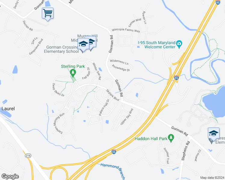 map of restaurants, bars, coffee shops, grocery stores, and more near 9806 Shaded Day in Laurel