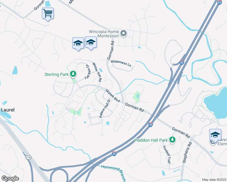 map of restaurants, bars, coffee shops, grocery stores, and more near 9806 Shaded Day in Laurel