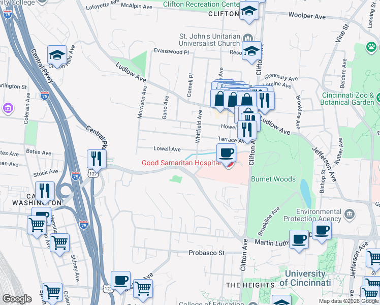 map of restaurants, bars, coffee shops, grocery stores, and more near 523 Lowell Avenue in Cincinnati