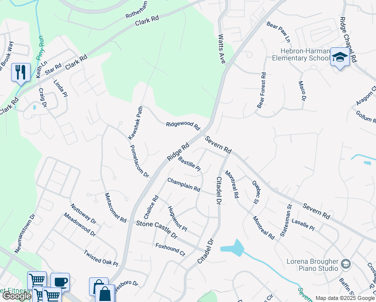 map of restaurants, bars, coffee shops, grocery stores, and more near 1930 Cuire Drive in Severn