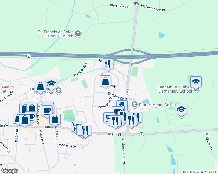 map of restaurants, bars, coffee shops, grocery stores, and more near 37793 Drawbridge Way in Purcellville