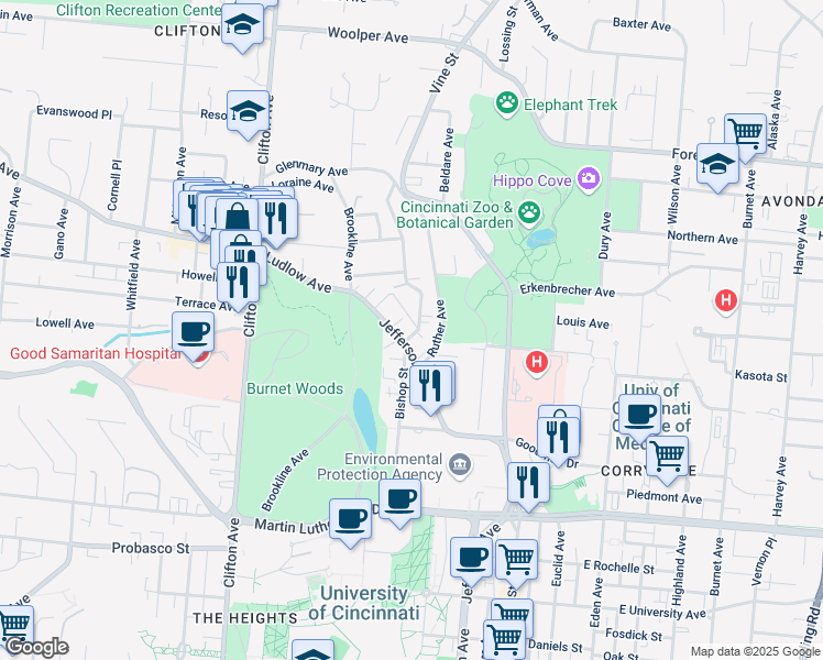 map of restaurants, bars, coffee shops, grocery stores, and more near 3300 Jefferson Avenue in Cincinnati