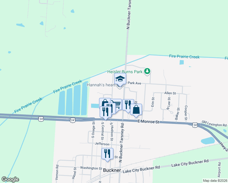 map of restaurants, bars, coffee shops, grocery stores, and more near 205 Hudson Street in Buckner