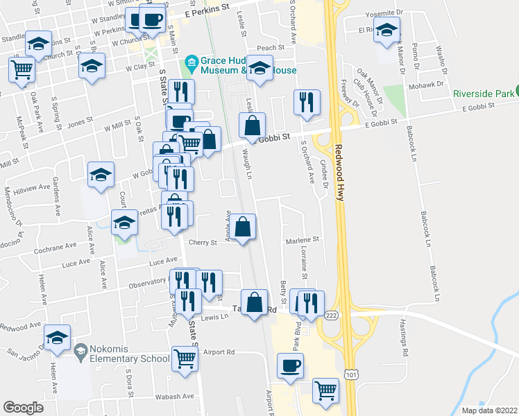 map of restaurants, bars, coffee shops, grocery stores, and more near 805 Waugh Lane in Ukiah