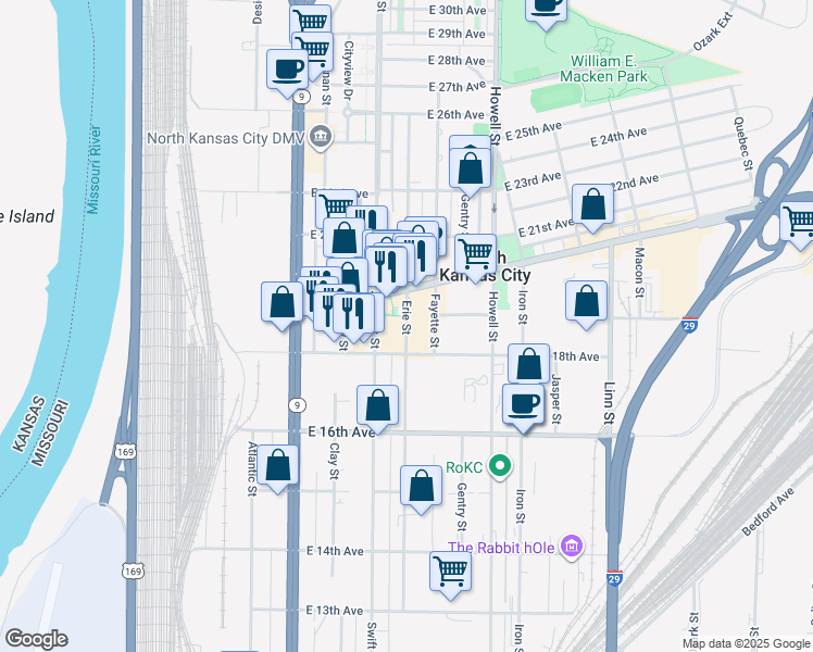 map of restaurants, bars, coffee shops, grocery stores, and more near 1856 Erie Street in North Kansas City
