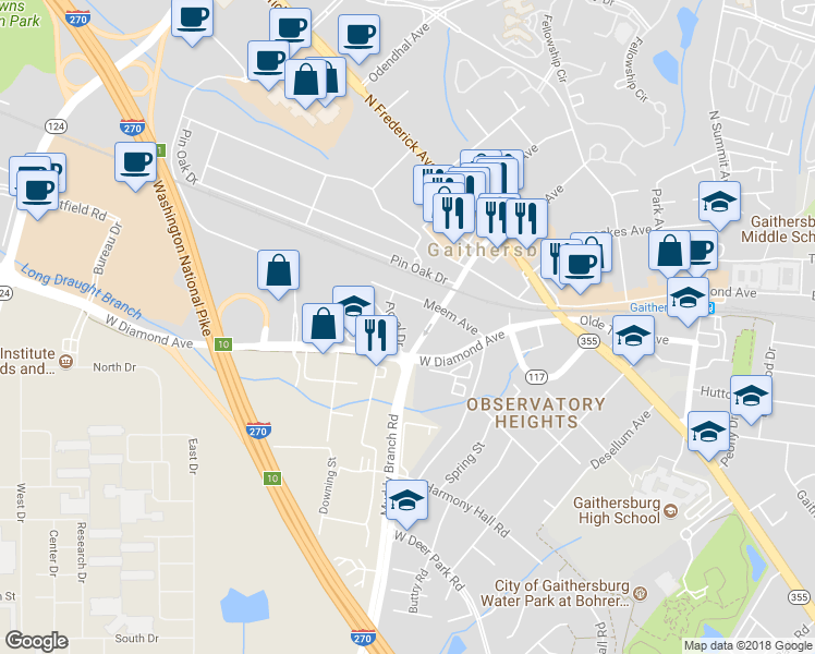 map of restaurants, bars, coffee shops, grocery stores, and more near 109 Floral Drive in Gaithersburg