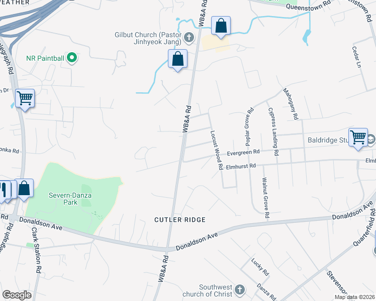 map of restaurants, bars, coffee shops, grocery stores, and more near 7819 Redwood Tree Road in Severn