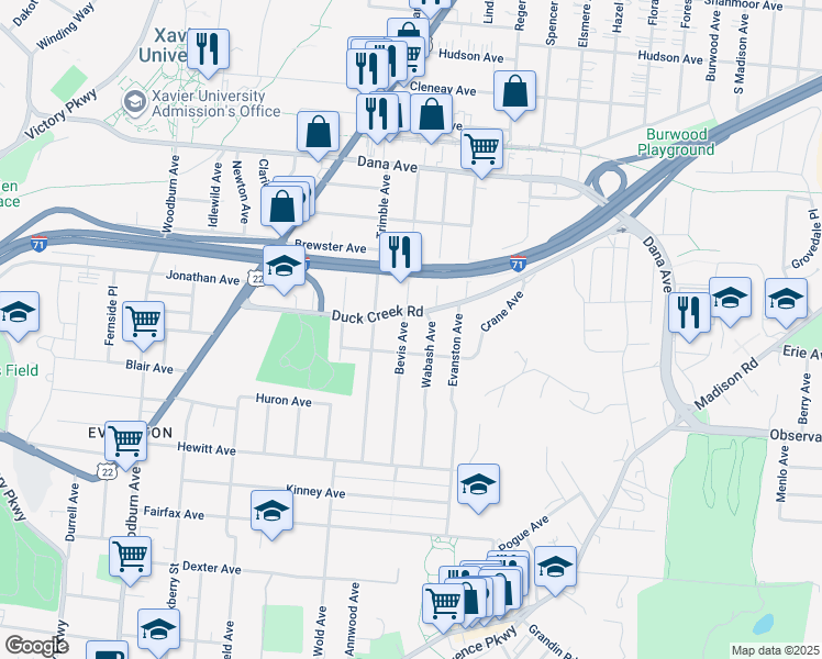 map of restaurants, bars, coffee shops, grocery stores, and more near 3466 Bevis Avenue in Cincinnati