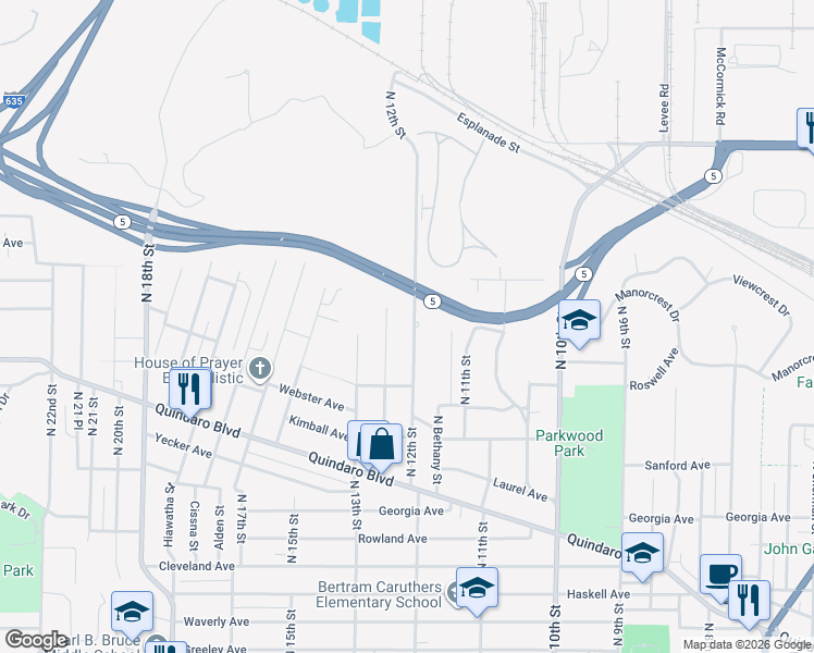 map of restaurants, bars, coffee shops, grocery stores, and more near 3052 North 12 Street in Kansas City