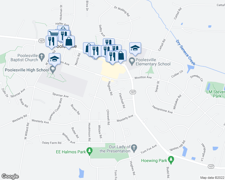 map of restaurants, bars, coffee shops, grocery stores, and more near 17401 Hughes Road in Poolesville