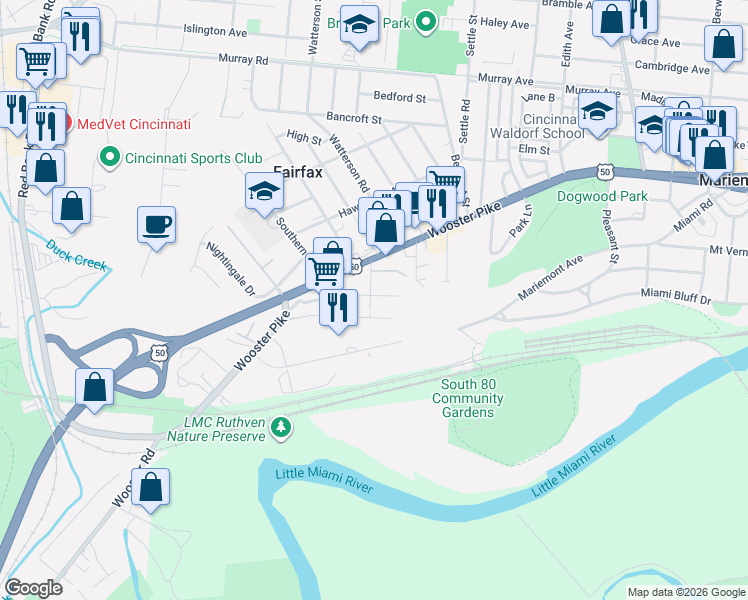 map of restaurants, bars, coffee shops, grocery stores, and more near 6001 Eleanor Street in Cincinnati