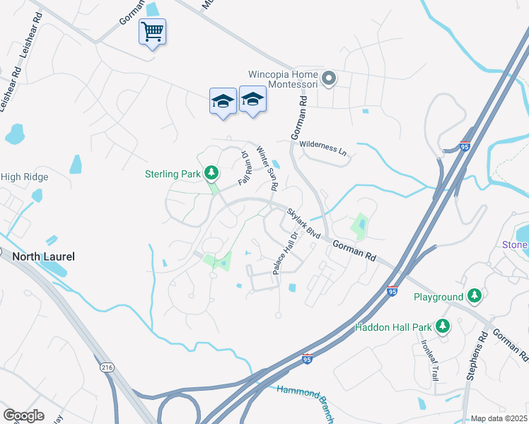 map of restaurants, bars, coffee shops, grocery stores, and more near 9707 Evening Bird Lane in Laurel
