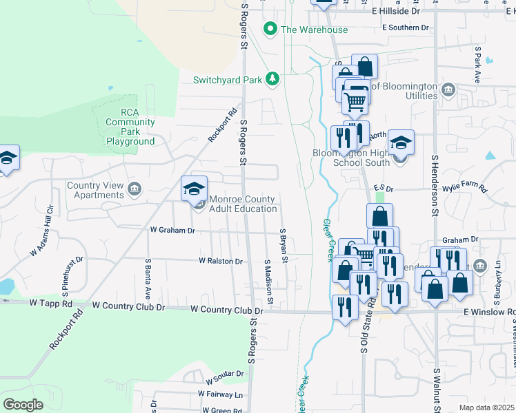 map of restaurants, bars, coffee shops, grocery stores, and more near 2404 South Madison Street in Bloomington