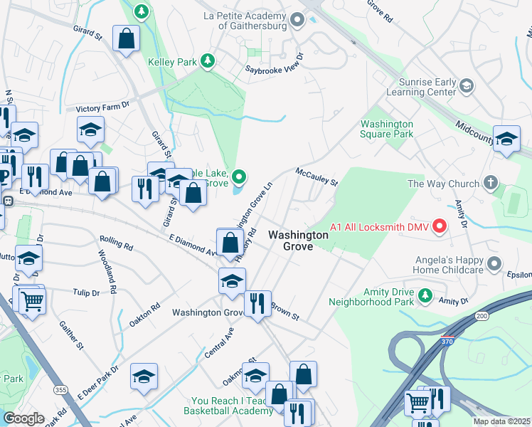 map of restaurants, bars, coffee shops, grocery stores, and more near 11 Center Street in Washington Grove