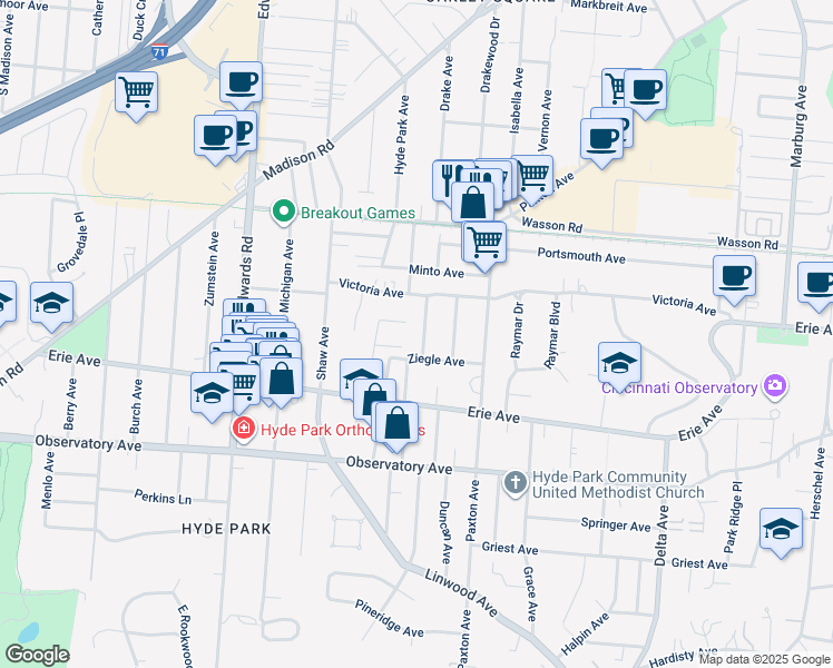 map of restaurants, bars, coffee shops, grocery stores, and more near 3561 Monteith Avenue in Cincinnati