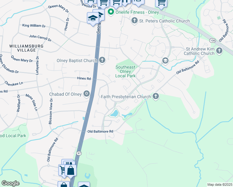 map of restaurants, bars, coffee shops, grocery stores, and more near 17510 Prince Philip Drive in Olney