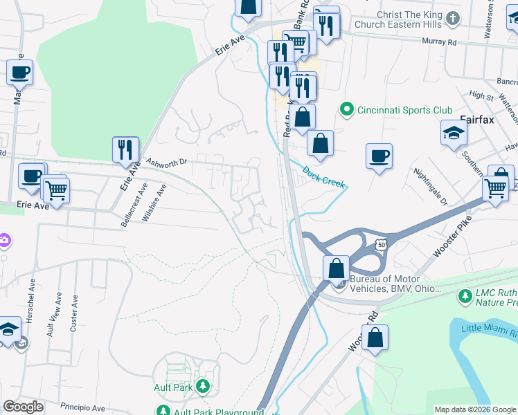 map of restaurants, bars, coffee shops, grocery stores, and more near 3494 Forestoak Court in Cincinnati