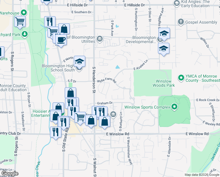 map of restaurants, bars, coffee shops, grocery stores, and more near 2249 South Sweetbriar Court in Bloomington