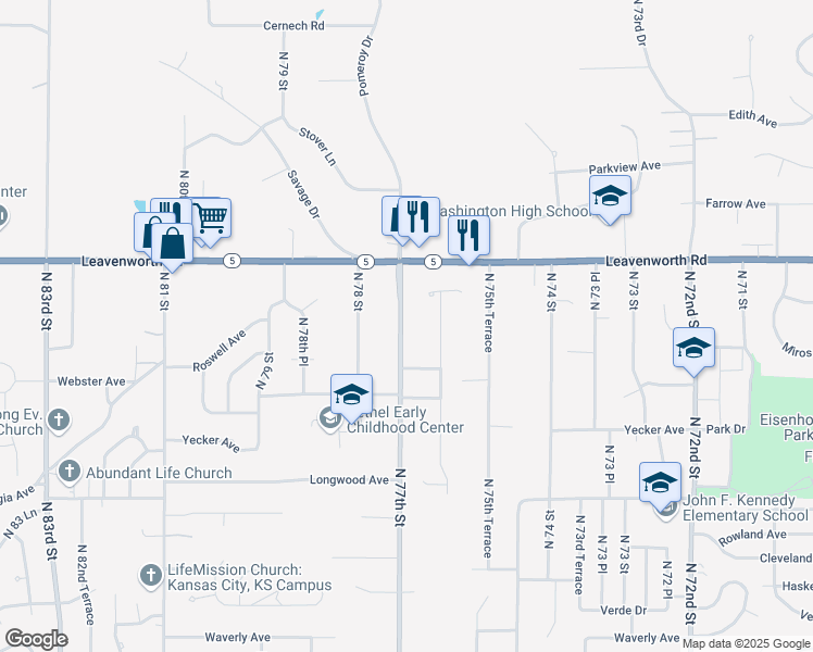 map of restaurants, bars, coffee shops, grocery stores, and more near 2959 North 77th Street in Kansas City