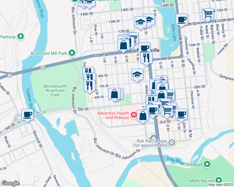 map of restaurants, bars, coffee shops, grocery stores, and more near 819 6th Street in Marysville