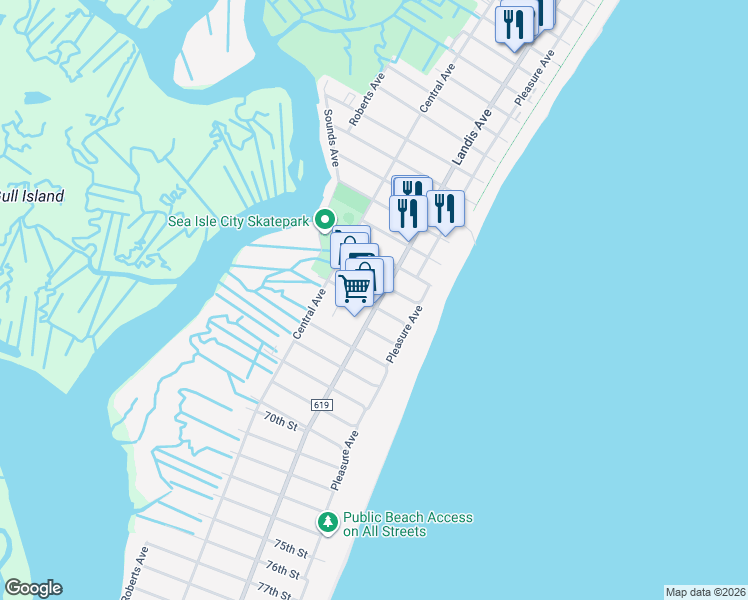 map of restaurants, bars, coffee shops, grocery stores, and more near 6216 Landis Avenue in Sea Isle City
